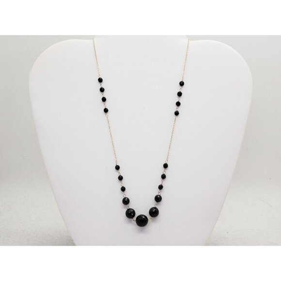 Vintage Graduated Faceted Onyx Bead Station Necklace 14k Gold